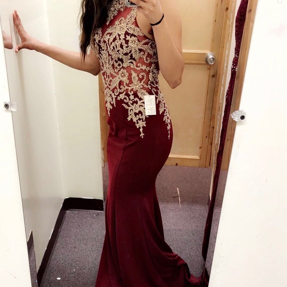 burgundy and gold mermaid dress